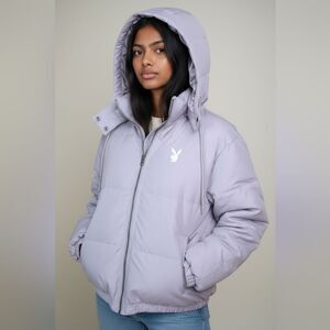 Playboy x PacSun Light Mauve gray hooded Puffer Jacket